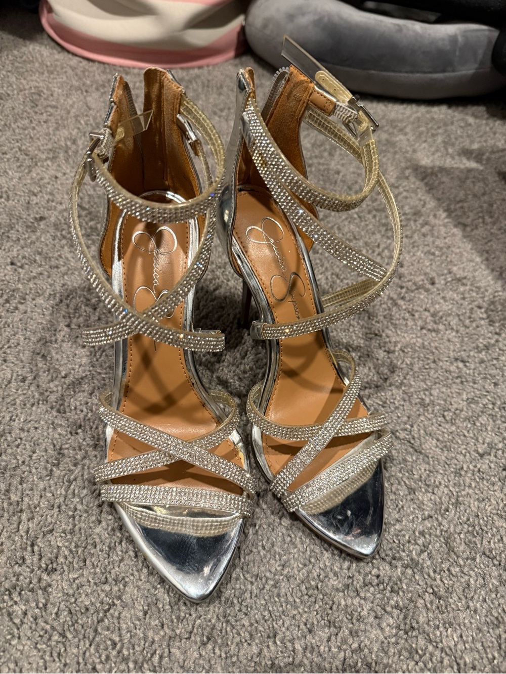 Jessica Simpson Silver Rhinestone Strappy Stiletto Heels